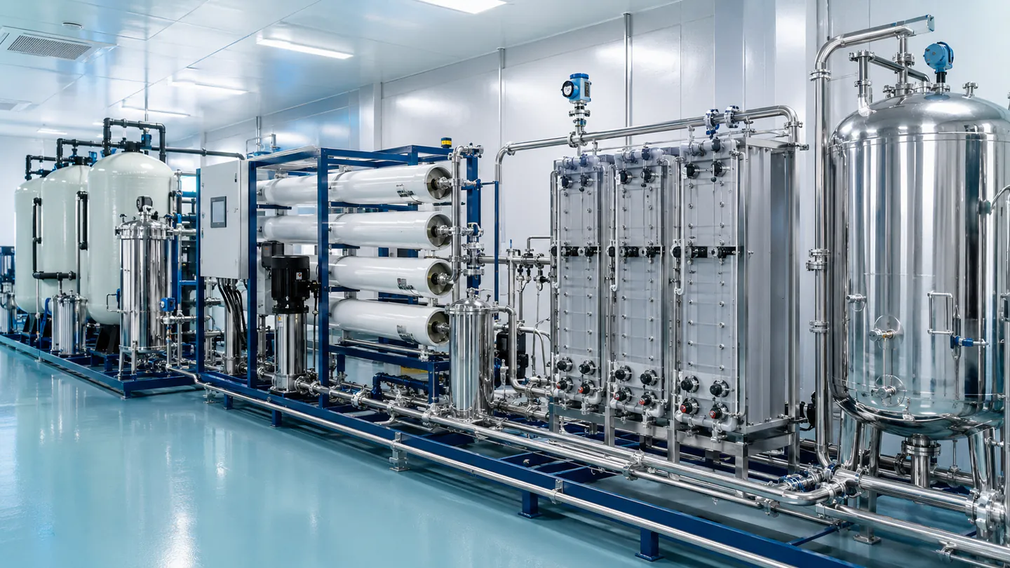 RO and EDI ultrapure water system with stainless-steel piping and controls