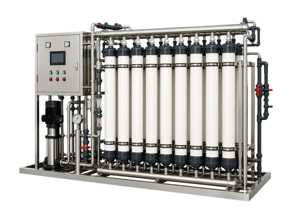 UF ultrafiltration water treatment skid with vertical membrane modules and pump frame
